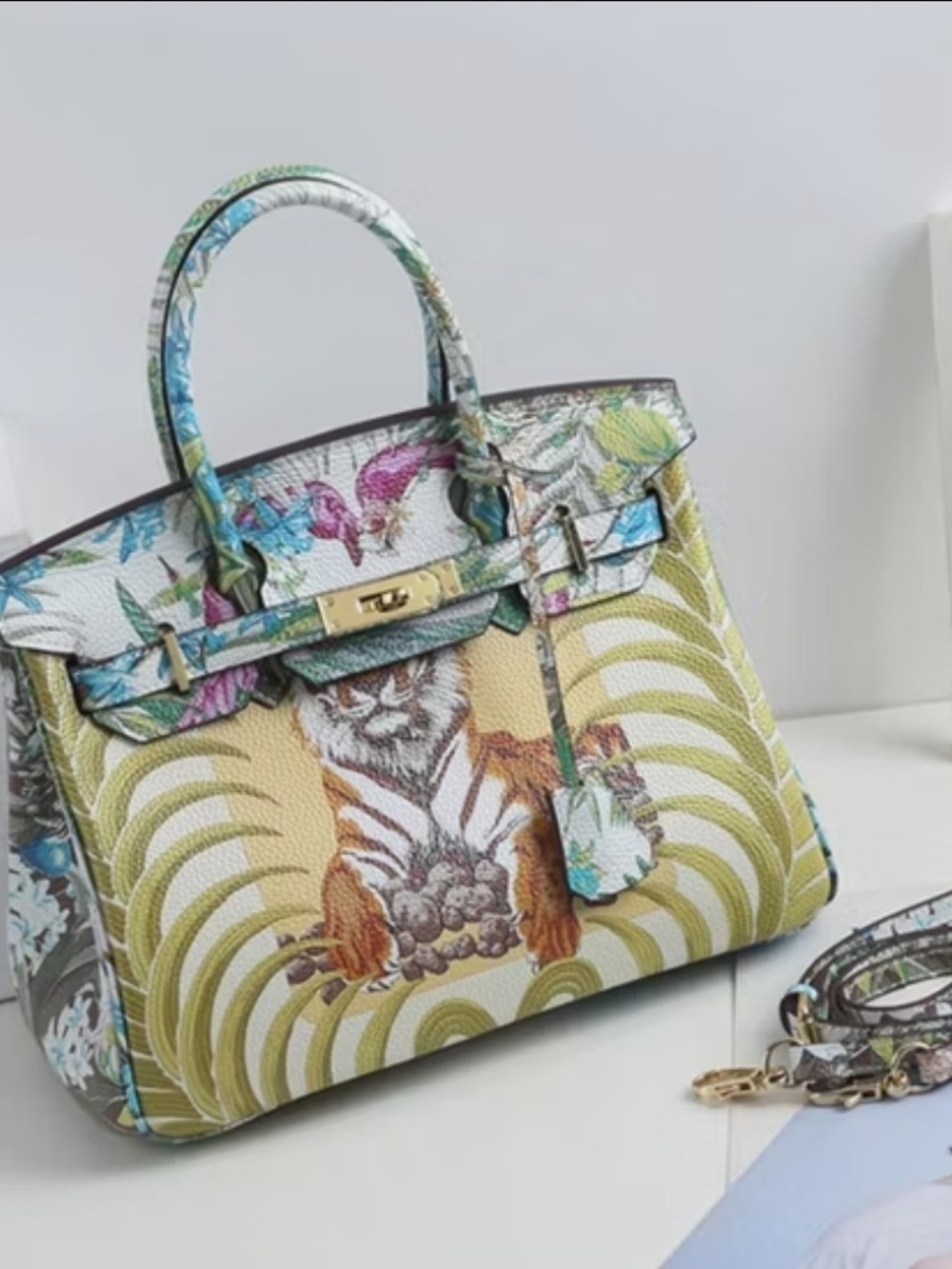 30cm Floral & Animal Print Top-Handle Leather Satchel in Multicolor